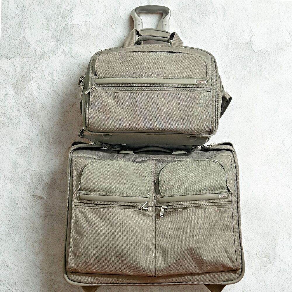 Tumi 2 Piece Luggage Set CarryOn Rolling Suitcase Garment Bag Gray/Tan Ballistic
